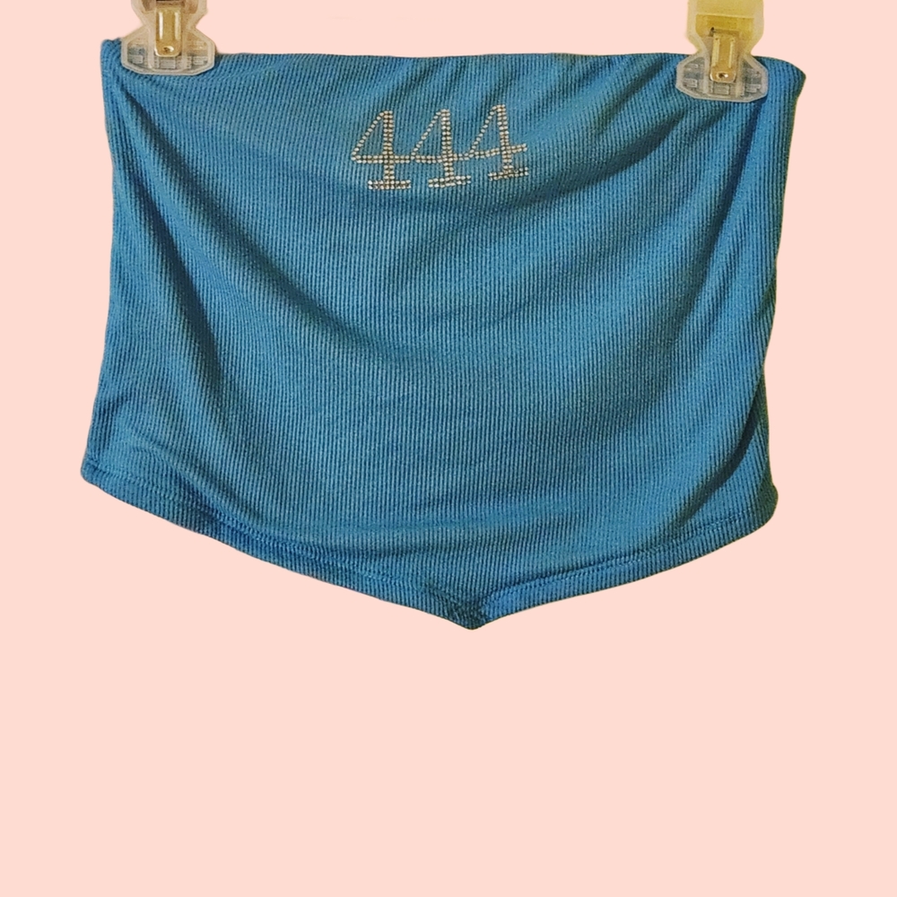 Rue 21 Strapless blue crop top with the numbers 444 Casual Y2k Size M